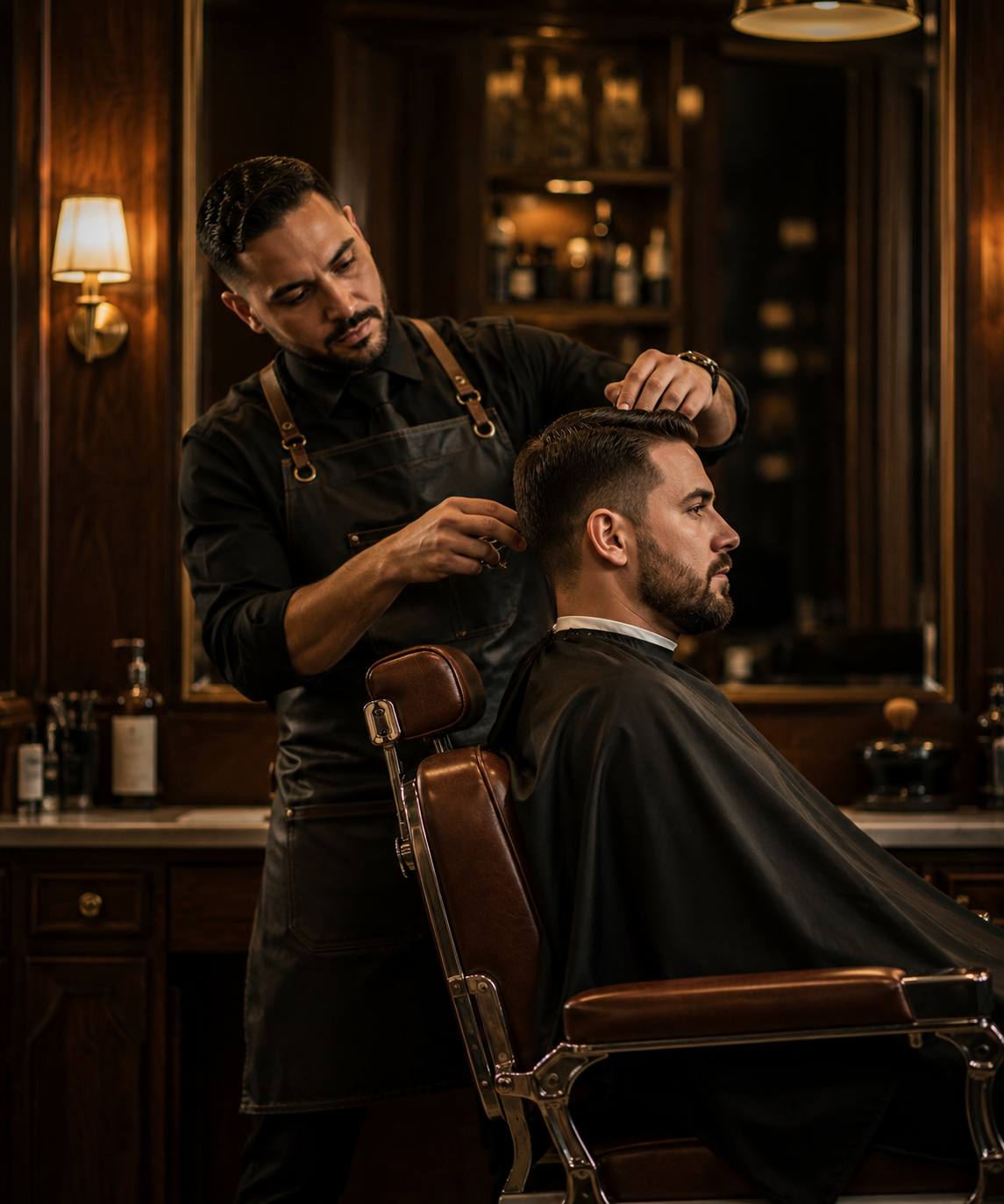 Barbeiro realizando corte masculino profissional