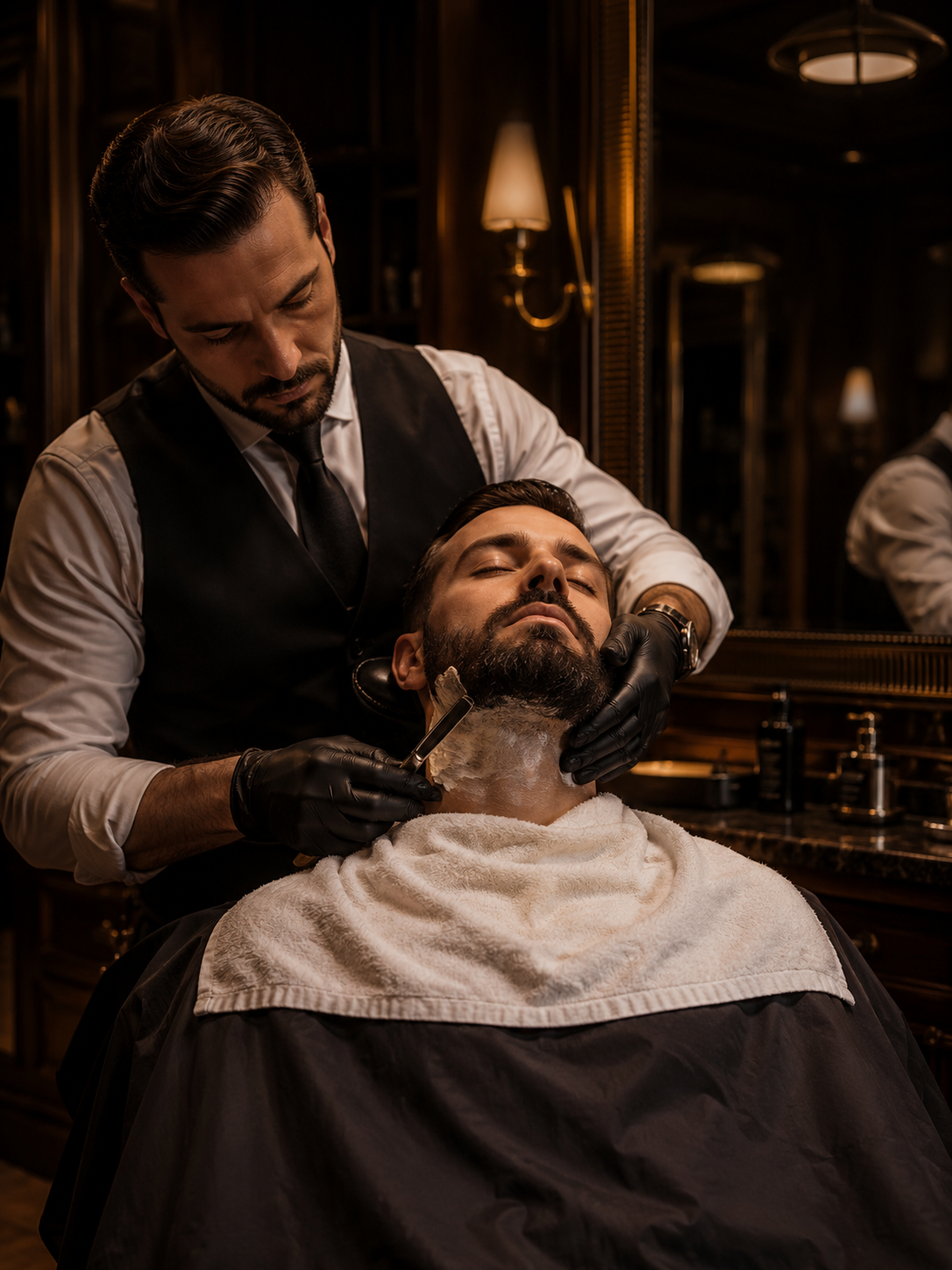 Cliente recebendo acabamento de barba premium com navalha
