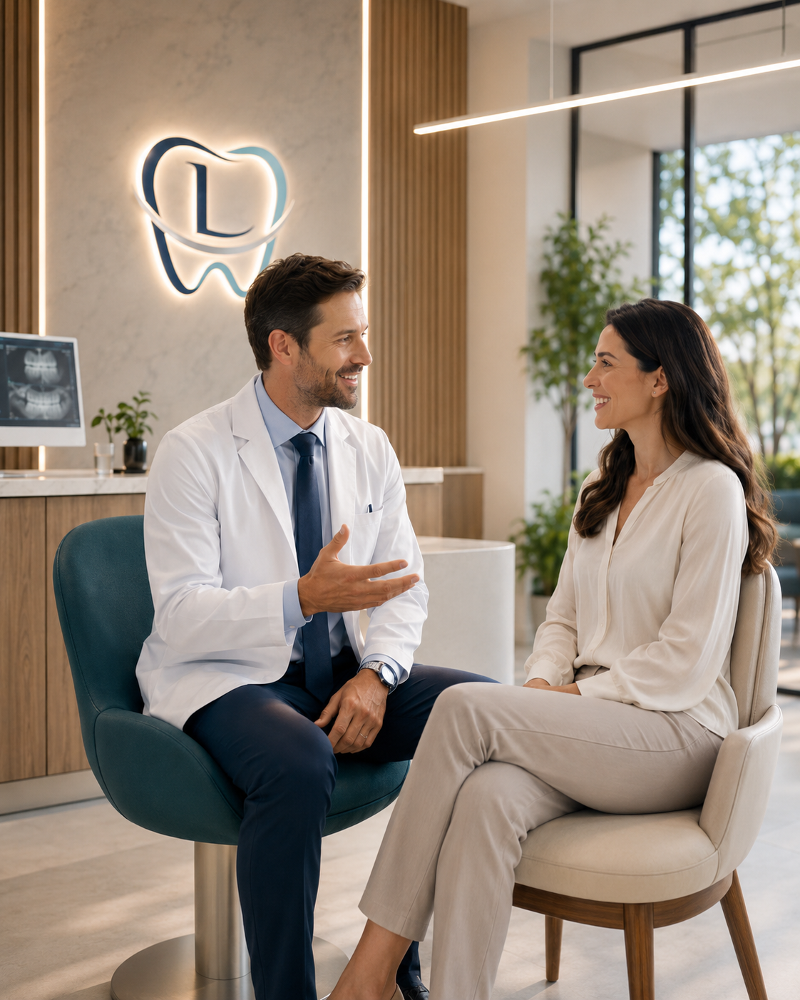 Dentista conversando com paciente em clínica odontológica premium