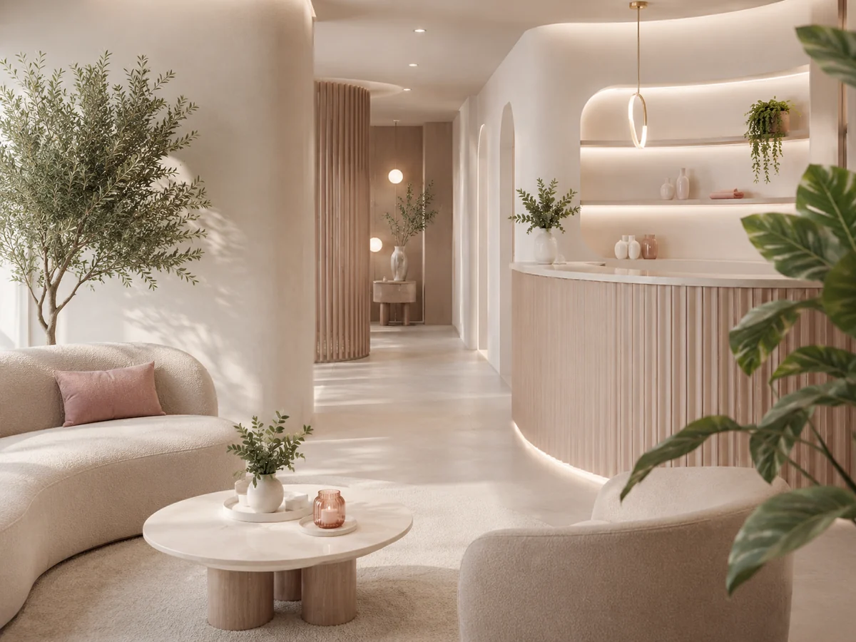 Sala de atendimento estético com decoração clara e elegante